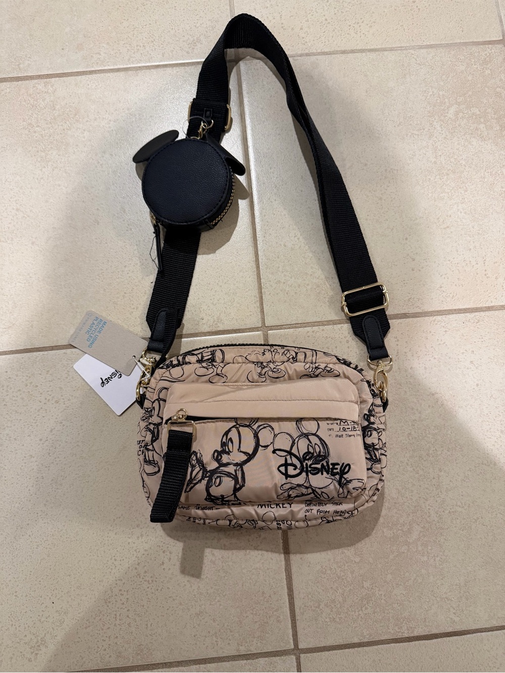 Disney Beige Mickey Sketch Crossbody Bag with Black Strap and Coin Pouch